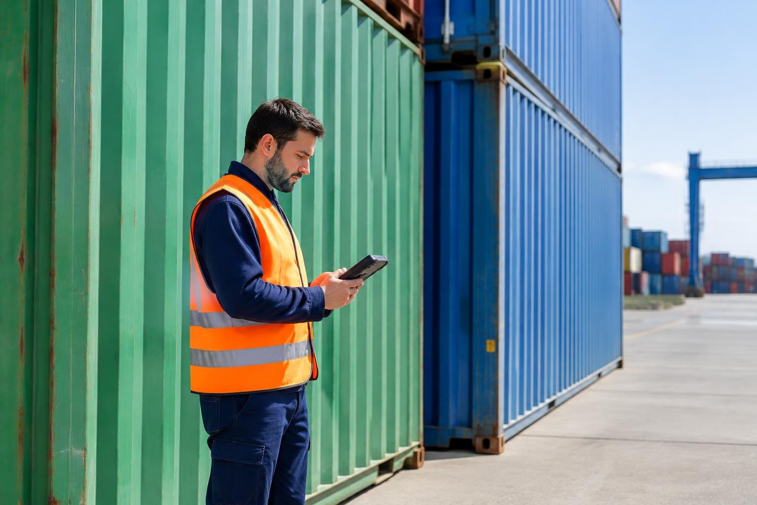 Logistics worker in a high-visibility vest checking cargo details beside shipping containers